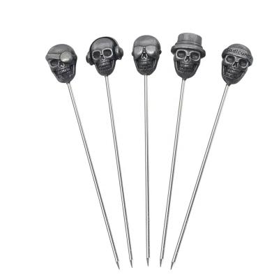 China Amazon Sustainable Hot Creative Skull Martini Sticks Eco - Friendly 304 Stainless Steel Food Picks Recyclable Metal Fruit Picks for sale