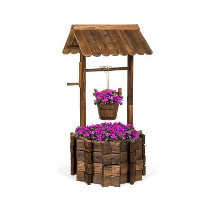 China Durable Material Wood Wish Well Planter With Hanging Bucket Home Decor for sale