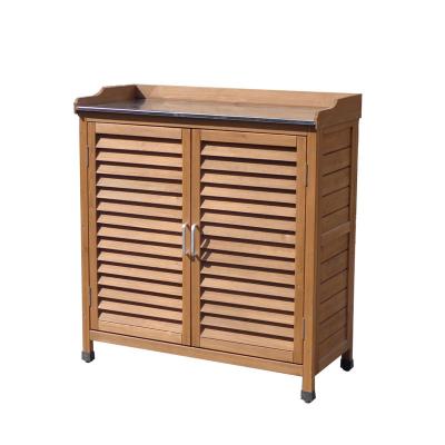 China Outdoor Solid Wood Rainproof Shelf Easily Assembled Sunscreen Ventilation Wooden Color Balcony Storage Cabinet 2 Layers With Doors for sale