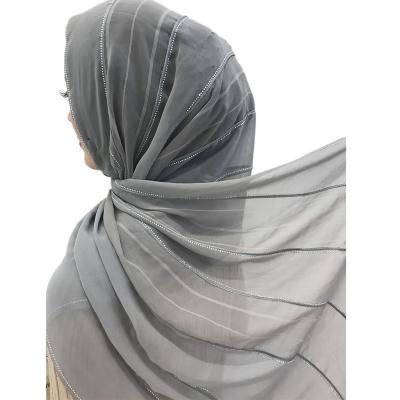 China High Quality Quilted Muslim Hijab Scarves Stripes Women Chiffon Scarf Wholesale Chiffon Wraps With Diamonds Shawl for sale