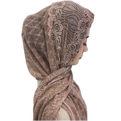 China 2020 New Style Chiffon Diamond Hollow Out Scarf Lace Turban Chiffon Stitching Diamond Shawl Hijab for sale