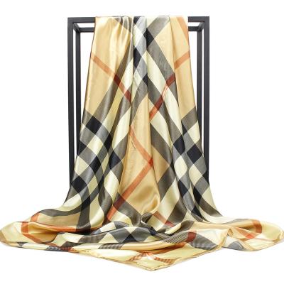 China Large Simulation Muslim Chiffon Women's Plaid Printed Scarf 90cm Silk Splicing Islamic Turban for sale