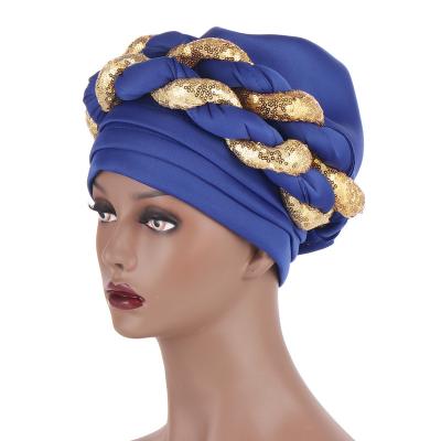 China African Picture Braid Turbans Headwrap Muslim Hats Headwrap For Women Female Headbands Hat Hijab With Sequin for sale