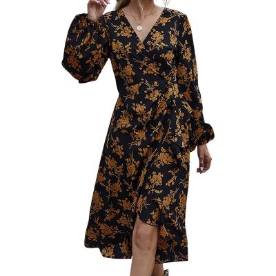 China European Summer High Swing Lotus Waist Strap Long Sleeve Bubble V-Neck Skirt 2021 New Thin and American Leaf Women's Breathable Dresses for sale