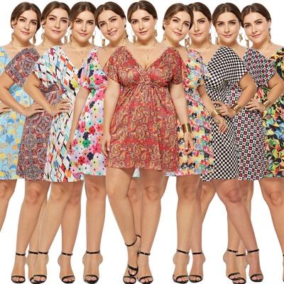 China Breathable Sexy Deep V-Neck Elastic Waist Print Dress Vacation Home Wear Plus Size Women's Clothing Dress for sale