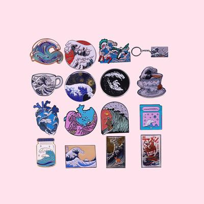 China Europe Artist Hokusai The Great Pin Wave Kanagawa Enamel Classic Painting Pin Art Brooches Pin Anatomical Tea Japanese Style for sale