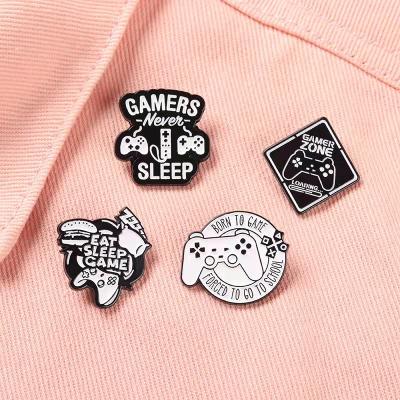 China Europe Eat Pin Game Brooches Gamer Black Enamel Letter Metal Sleep Game Badge Men White Jewelry Bags Hat Backpack Pin Wholesale for sale