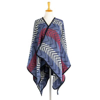 China Zigzag Bohemian Striped Geometric Elegant Pallium Tartan Poncho Winter Knitted Reversible Oversized Cardigan Acrylic Women Clothing for sale