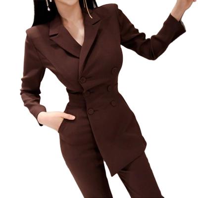 China 2021 OEM Stylish Anti-wrinkle New Poly Fabric Worked Two Piece Blazer Pants Korean Suit For Women for sale