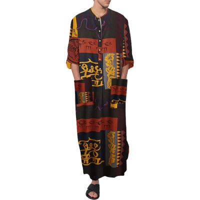 China New Oracle Bone Print Long Robe Polyester Clothing Long Sleeve Kaftan Muslim Abaya Men Loose Muslim Shirt Large Size Islamic Muslim Ethnic Sets for sale