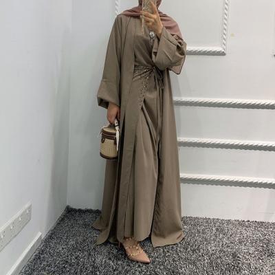 China Middle East Dubai Solid Color Three Piece Suit Women Muslim Clothing Suit 2 Pieces Set Open Abaya Dress With Outer Abaya And Inner Dress for sale