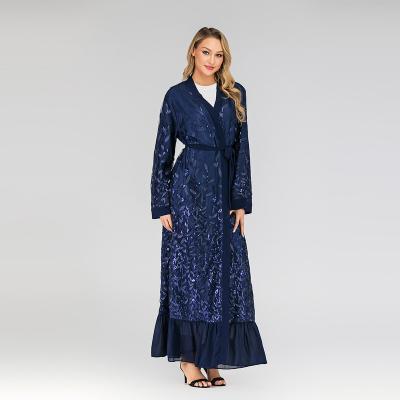 China Muslim Middle East women's cardigan fashion new women's lace temperament cardigan leaf embroidery sequin Muslim long dress for sale