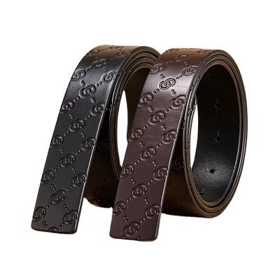 China Comfortable Mens Leather Belts Logo Custom Embossed Genuine Leather Belts Fasten Italian Mens Cowhide Leather Belt Strap To Slip Buckle for sale