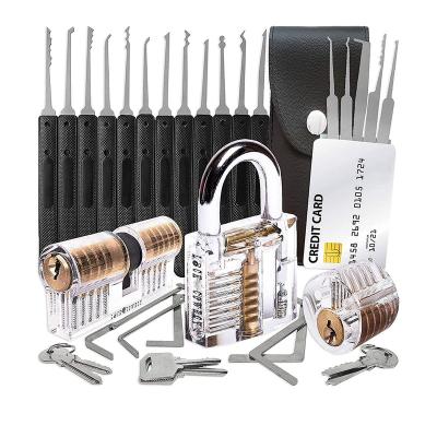 China 17pcs Stainless Steel Lock Picking Set Tool Kit With Practice Three Padlock Training Lock Transparent for sale