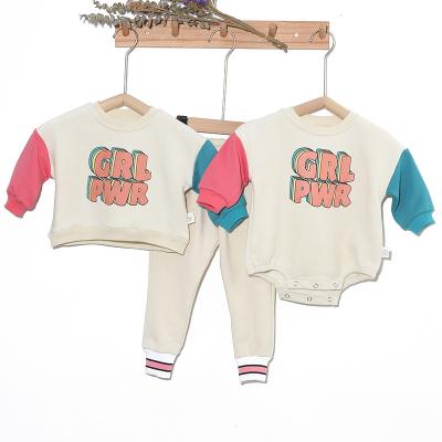 China Polyester/cotton spring and autumn unisex sets both casual fashion three options of boys and girls long sleeve romper tops and pants for sale