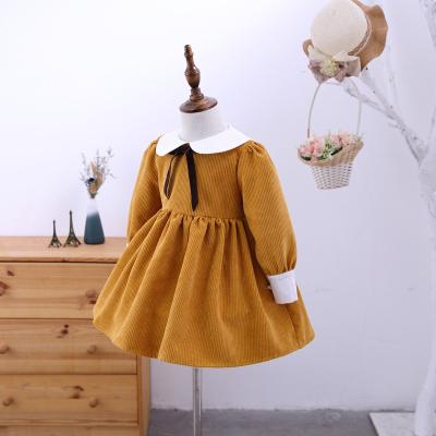 China Dry cleaning girls dress 2021 autumn long sleeve corduroy princess dress bow fashion girl dress for sale