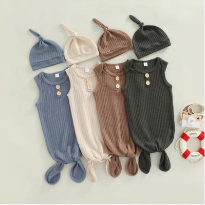 China Solid Size 2pcs Baby Boys Sleeping Bags Infant Clothing Sleeveless Plus Romper Knit Overalls Hats for sale