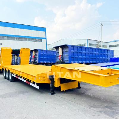 China Factory Price TITAN 3 Axle Semi Lowbed Trailer Hydarulic Folding Ramp Low bed Truck Trailer for Sale zu verkaufen