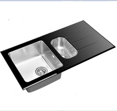 China Without Faucet Black Tempered Glass And Stainless Steel Desktop Sink 1.5 Sink for sale