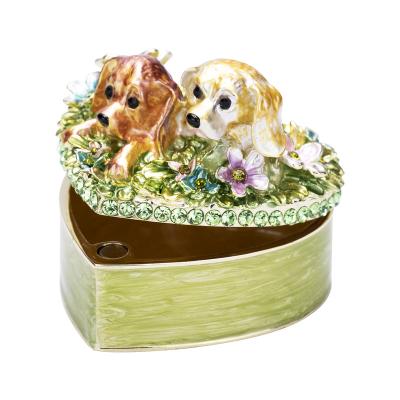 China Metal Top Selling Best Selling Green Dog&Flower Heart Rhinestones Metal Trinket Boxes Unique Trinket Box Small Gift for sale