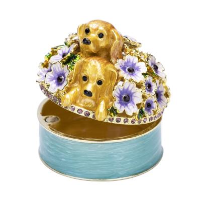 China Unique Selling Metal Dog&Flower Round Rhinestones Best Gift Small Metal Trinket Boxes Blue Trinket Box for sale