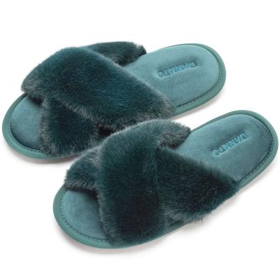 China Fashion Trend Shoe Women's Slippers Women's Furry Open Toe House Shoes Indoor Warm Soft Plush Cross Stripe Bedroom Flats Slip for sale