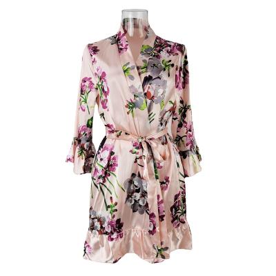 China OEM QUICK DRY Designer Lotus Print Ladies Pajamas Summer Long Robe Silk Bathrobe for sale