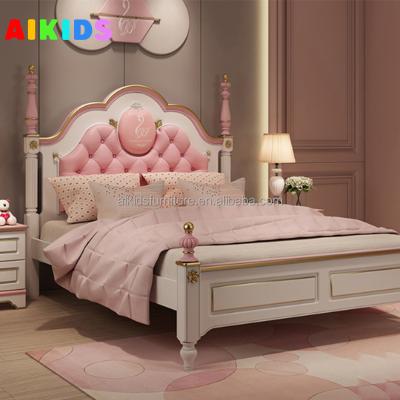 China American Aristocratic Pink Girl's Bedroom Combination Comfortable Modern MDF Home Set Single Bed Three Door Wardrobe Desk for sale