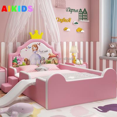 China Comfortable modern simple cartoon bedroom princess girl Elsa solid wood leather bed with parapet Sophia patchwork single bed for sale