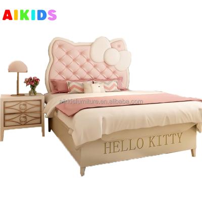 China Modern Simple Cartoon Pink Girl Kids Single Bed Hellokitty Style Comfortable Soft Cover Princess Bed Solid Wood Bed for sale