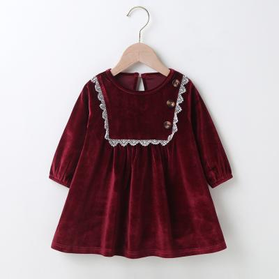 China Cute Baby Girls Velvet Dress Long Sleeve Washable Red White Lace Dress for Little Girls for sale