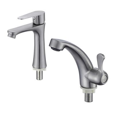 China Metered Faucets VEMUSE 304 Stainless Steel Basin Faucet Single Cold Bathroom Sink Brushed Faucet for sale