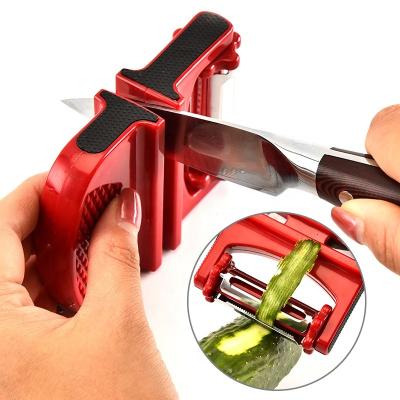 China Sustainable Multifunctional Tungsten Steel 2 Stage Portable Mini Knife Sharpener Keychain With Rotation Peeler for sale