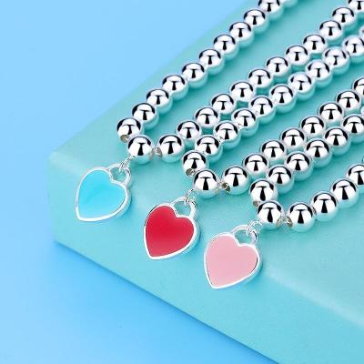 China Casual/Sporty S925 Sterling Silver Round Bead Bracelet Beaded Enamel Peach Heart Love Heart Female Silver Jewelry The Same Paragraph for sale