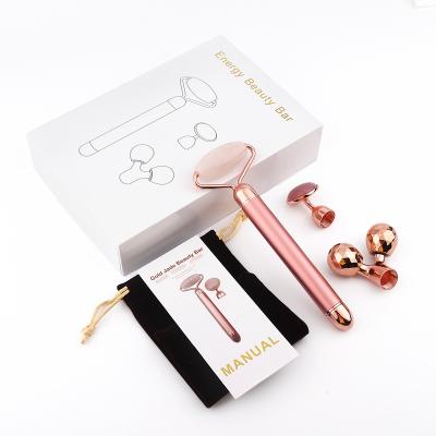 China Electric Vibrating Facial Massager Rose Quartz Roller Skin Tightening Rose Quartz Facial Roller Natural Face Lift Roller for sale