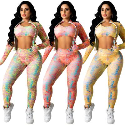 China New autumn and winter sports floral print QUICK DRY tracksuits milk silk bodycon three pieces set with outfits for sale