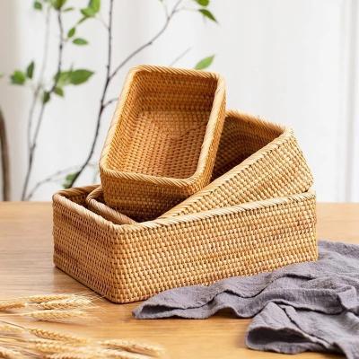 China Viable Handwoven Wicker Rectangle Fruit Tea Snack Bread Basket Cosmetics Lunch Picnic Storage Kitchen Supply Household Tool for sale