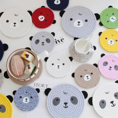 China New Viable Creative Table Mat Hand-Woven Cotton Rope Placemat Printing Nordic Round Dish Bear Coaster Insulation Mat for sale