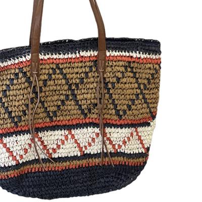 China Good Fashion Prices Summer Beach Paper Yarn Straw Bag With Fringed Leather Handle for sale