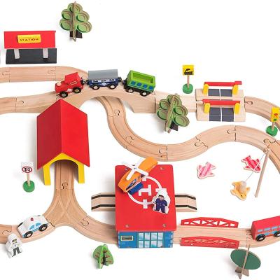 China 69pcs Children's Train Toys Slot Toy 2021 Thomas Wooden Train Railway Set Toys For Kid Play Educational Toys for sale