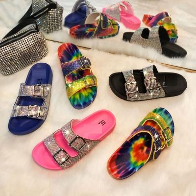 China 2021 lightweight new fashion summer double ties rhinestone sandal luxury outside beach slippers for sale