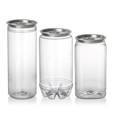 China 250ml 350ml 400ml 500ml 650ml 750ml high transparent soda drink can PET plastic box with aluminum easy open lid for sale