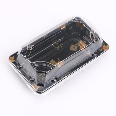 China Black Printed Plastic Takeout Sushi Box Disposable PET Sushi Packaging Boxes With Clear Lids for sale