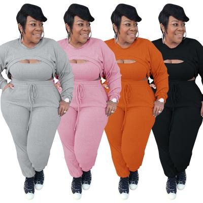 China Anti-wrinkle KX-Y453 good quality oversized ladies knit casual jogger set women 3 pieces plus size women's sets for sale