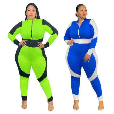 China KX-1626 Viable Casual Elastic Crop Top Sleeve Color Block Patchwork Zipper Long Top Legging Sets Plus Size Women Clothing Two Piece Set for sale