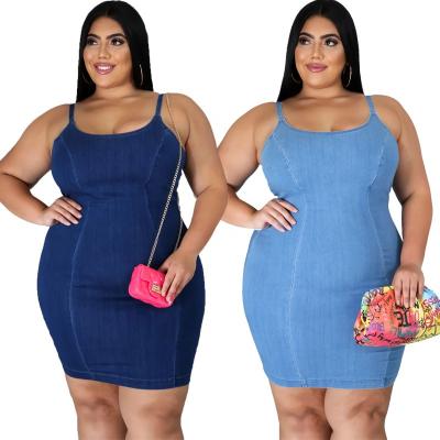 China KX-0162 Anti-Static High Quality Light Blue Denim Dresses Halter Mini Zipper Plus Size Women Dress for sale