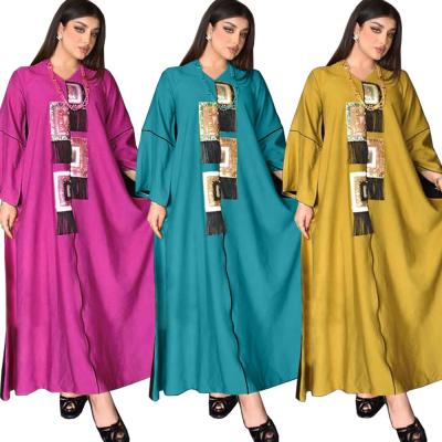 China Cotton KX-AB109 ready to ship fringe women's multi color sequin applique ethnic style long abaya muslim dresses for sale