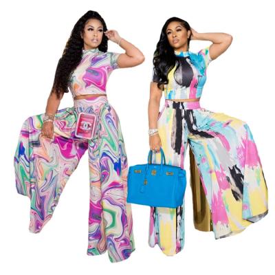 China Anti-wrinkle KX hot women's fashion printing satin two piece wide leg panties set 2 piece pants set for sale