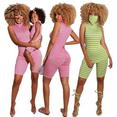 China Women Mom Girls Kids 2 Plus Size Striped Two Piece Family Sets Sexy Short Pants Set Women Summer Casual Sleeveless Suits for sale