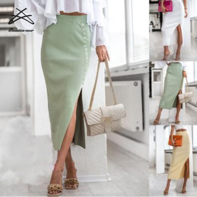 China 2022 Fashion New Summer Breathable Casual Sexy Knitted Striped Slit Split Ladies Long Midi Skirts For Girls Women Skirt for sale